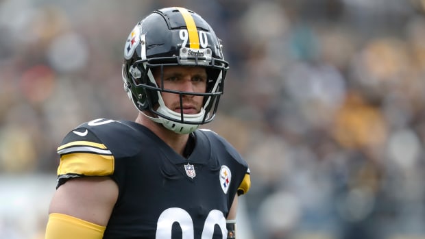 Steelers linebacker T.J. Watt looks on during a game.